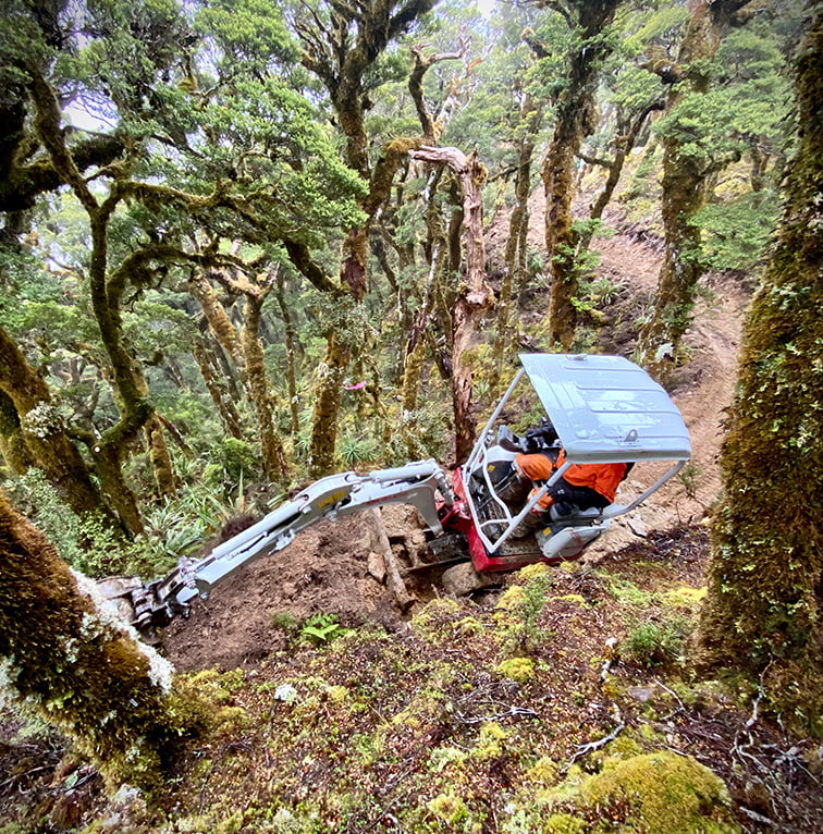 A worker operating a small excavator on a steep forest track surrounded by dense moss-covered trees.