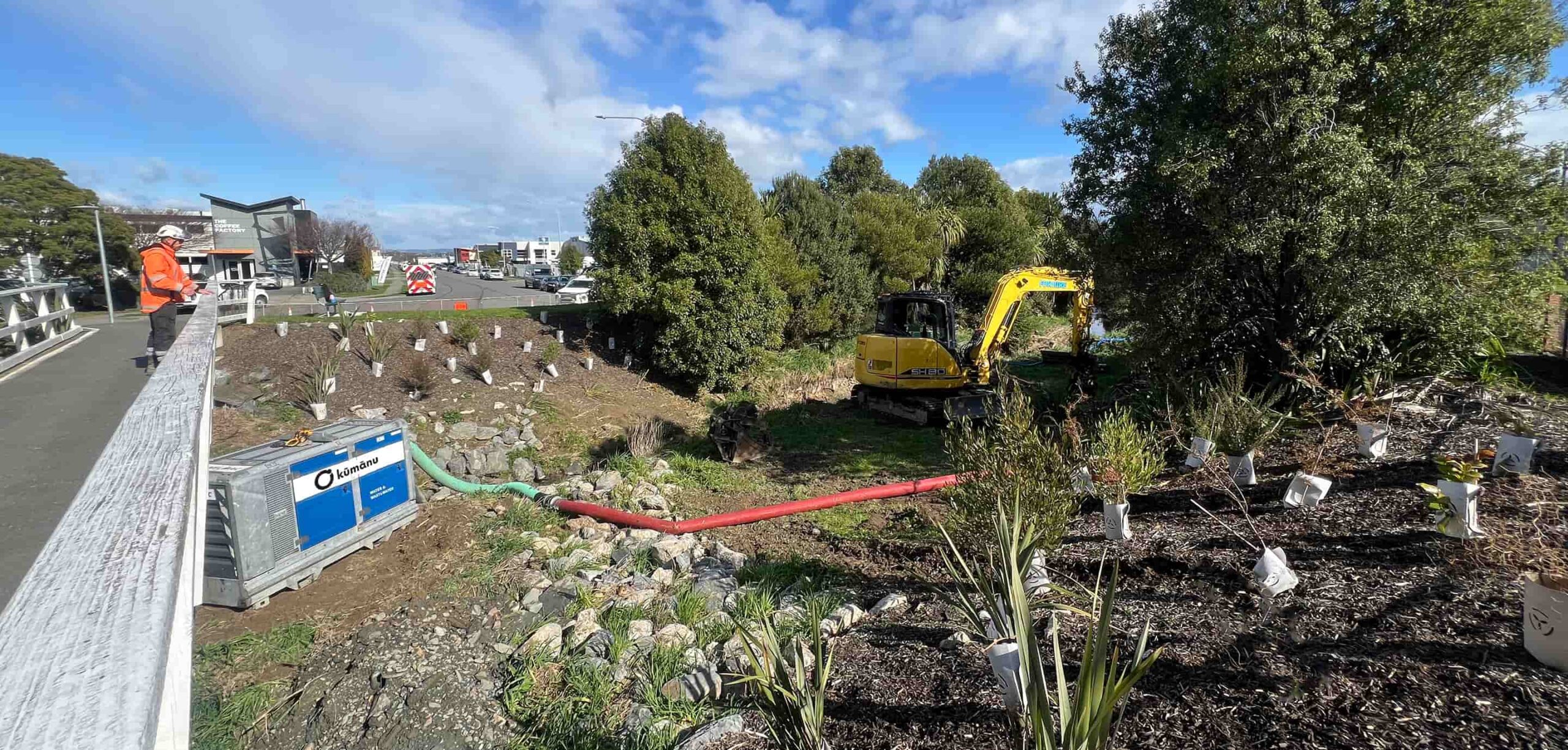 A construction worker and a yellow excavator working beside a planted stream bank, with newly planted native shrubs protected in sleeves and a pump unit with hoses running across the site.