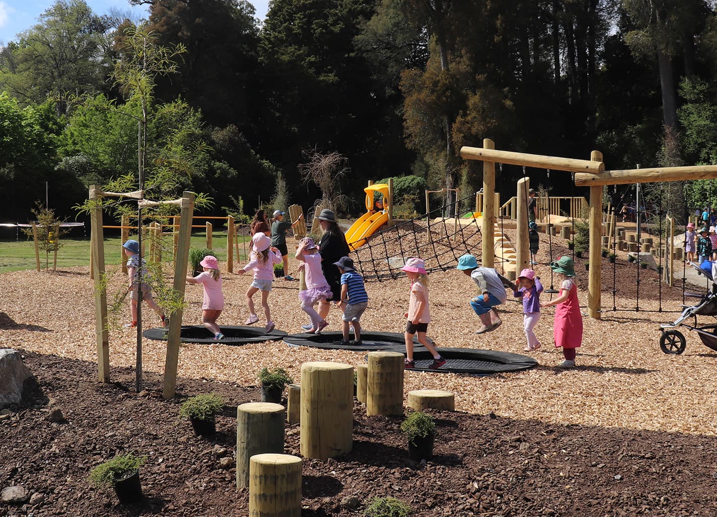 Children using timber balance and stepping play elements within the Faulkner Bush Scenic Reserve playspace