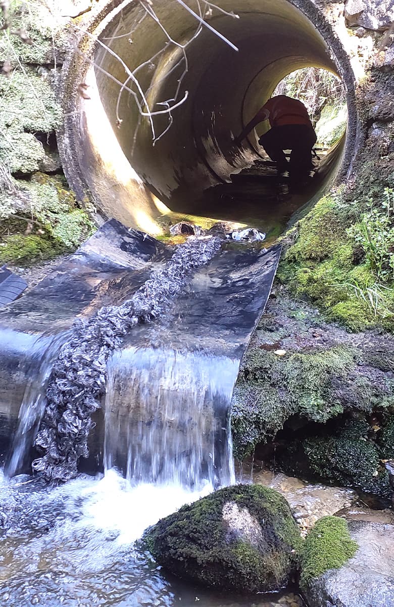 Fish passage remediation showing modified culvert outlet with water flowing over installed fish passage liner