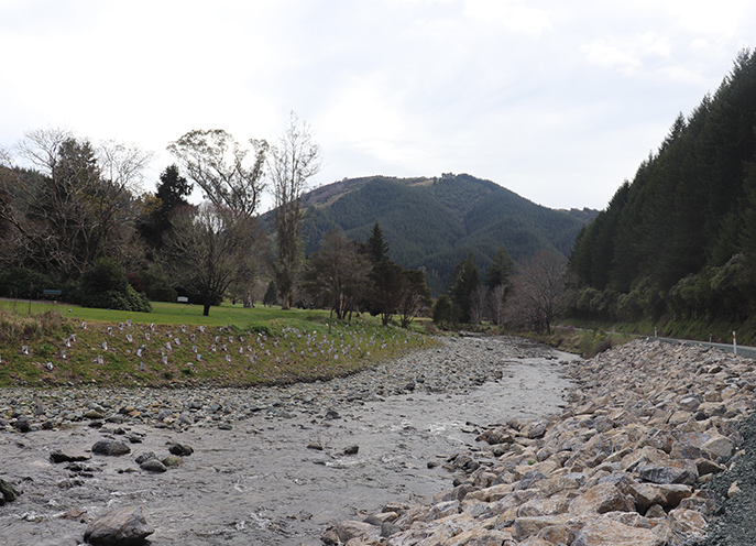 Stream channel with rock armouring along the banks and newly planted vegetation