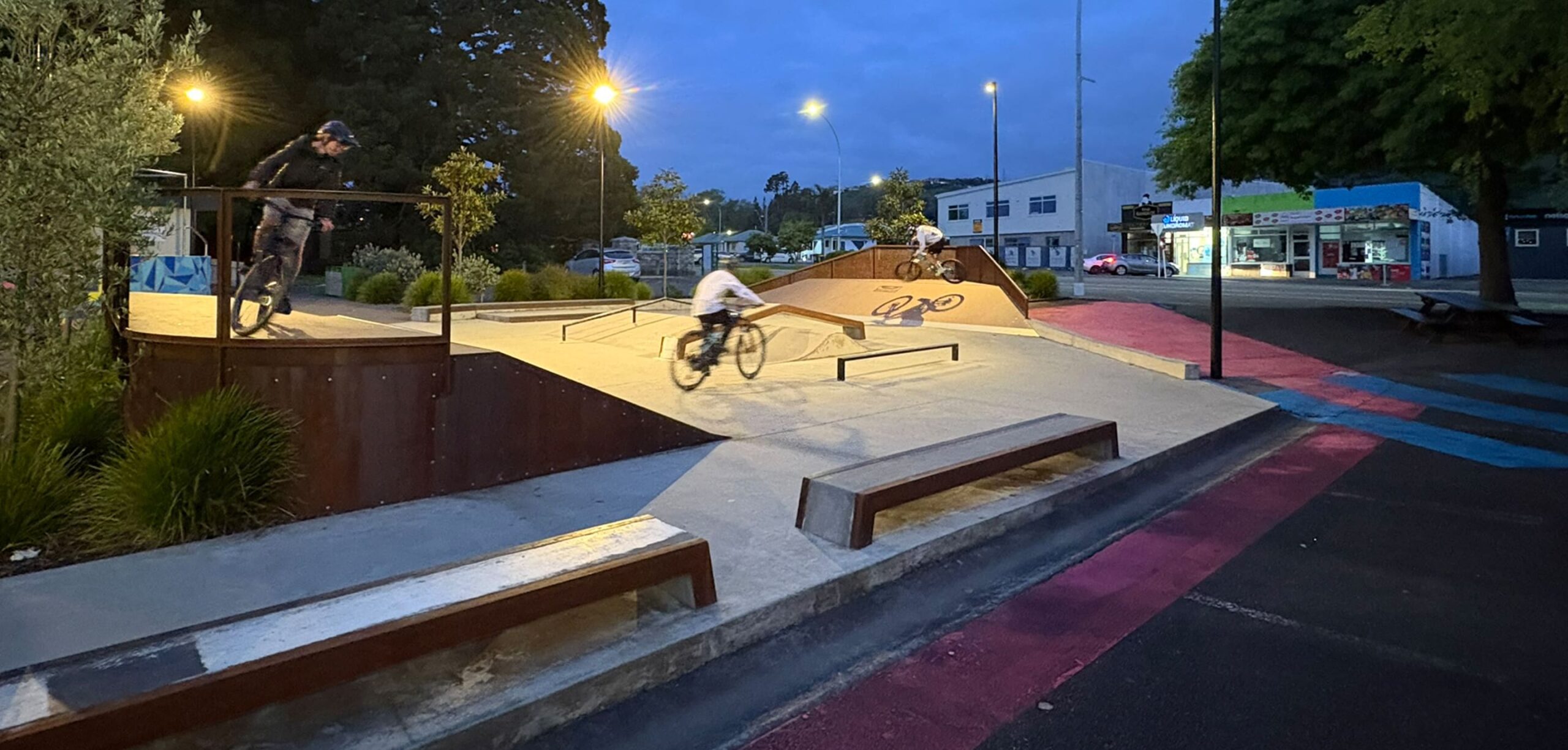 Wide view of Stoke Youth Park skate area with ramps, rails, lighting, and surrounding trees