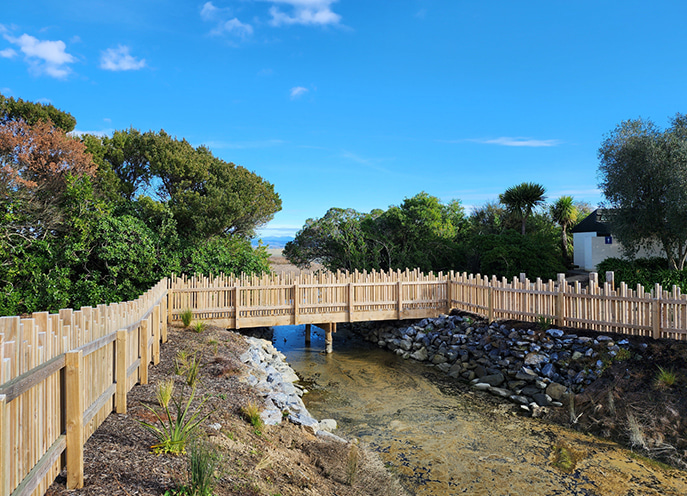 Timber pedestrian bridge crossing a shallow stream within the Te Pā Harakeke landscape