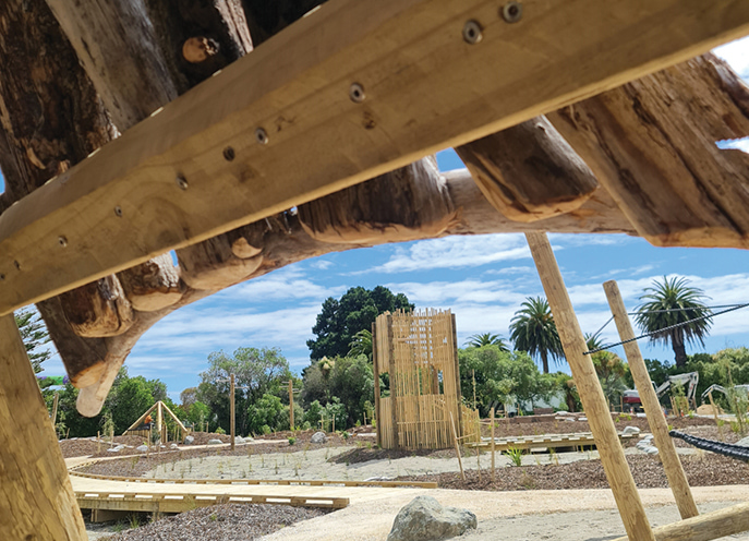 Timber play structures and carved posts under construction at Te Pā Harakeke playspace