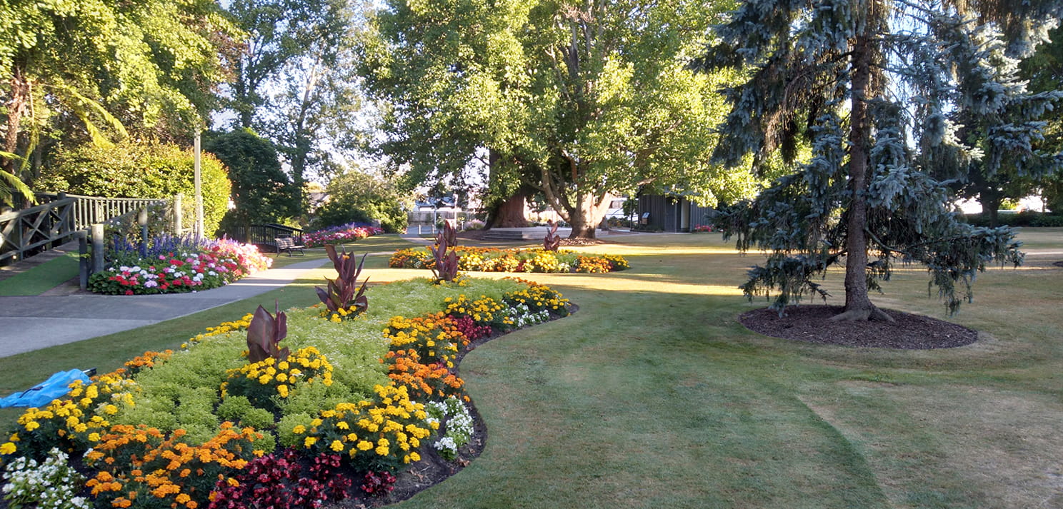 Curved flower beds filled with colourful annuals and mature trees in Washbourn Gardens in Richmond on a sunny day